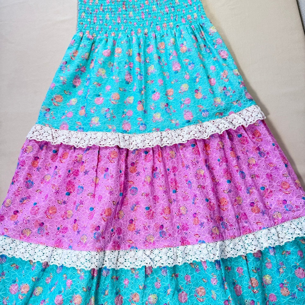 Beach Bunny Everette Maxi Skirt Teal Pink Seashell Eyelet Lace Smocked Boho NWT - Picture 9 of 13